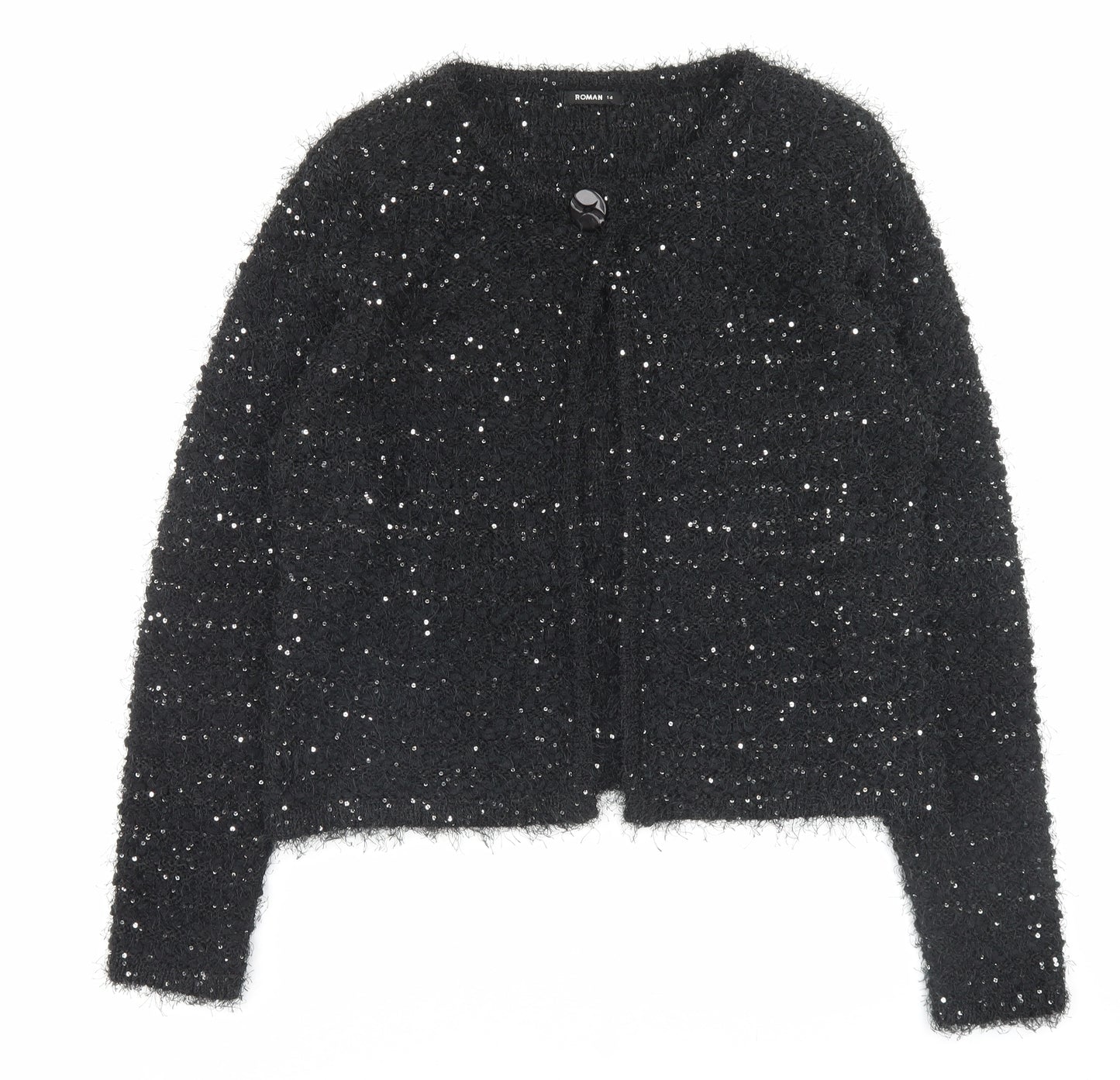 Roman Womens Black Crew Neck Polyester Cardigan Jumper Size 14