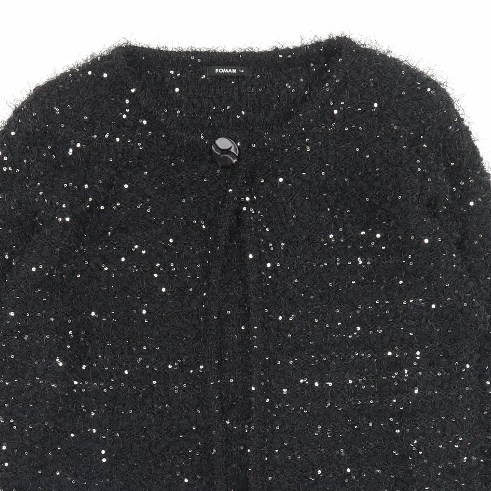 Roman Womens Black Crew Neck Polyester Cardigan Jumper Size 14