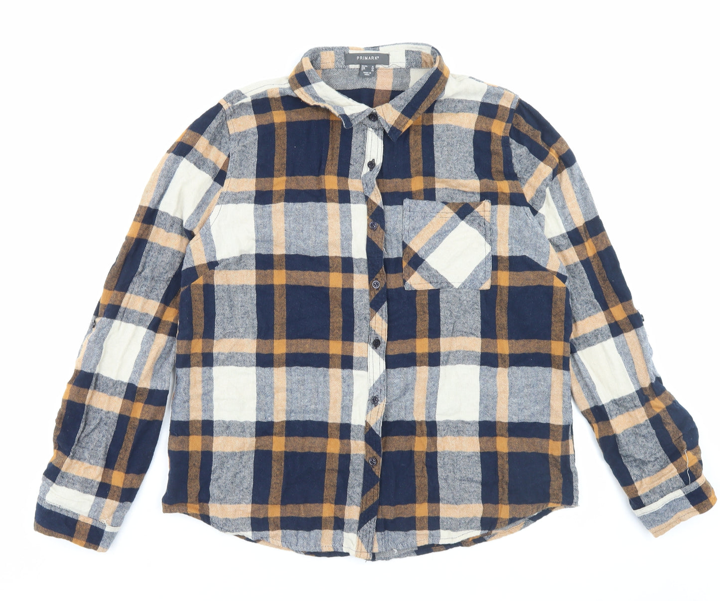 Primark Womens Blue Plaid Cotton Basic Button-Up Size 16 Collared - Pocket Detail