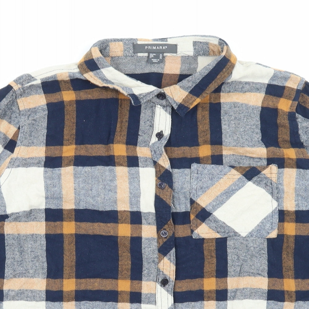 Primark Womens Blue Plaid Cotton Basic Button-Up Size 16 Collared - Pocket Detail