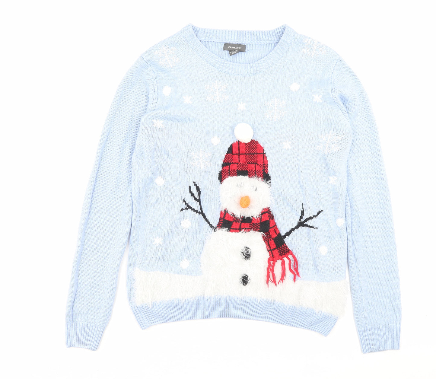 Primark Womens Blue Crew Neck Acrylic Pullover Jumper Size S - Christmas Snowman