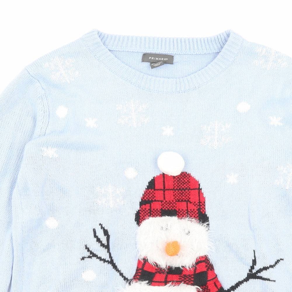 Primark Womens Blue Crew Neck Acrylic Pullover Jumper Size S - Christmas Snowman