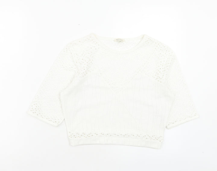 River Island Womens White Polyester Cropped T-Shirt Size 10 Crew Neck