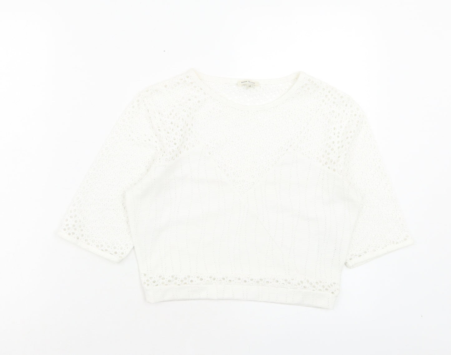 River Island Womens White Polyester Cropped T-Shirt Size 10 Crew Neck