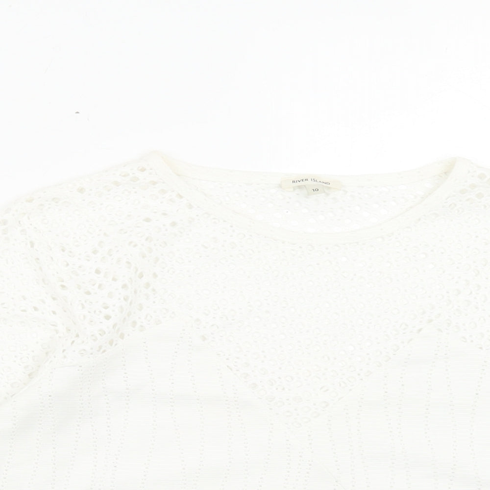 River Island Womens White Polyester Cropped T-Shirt Size 10 Crew Neck