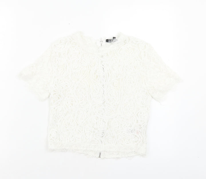 Cameo Rose Womens White Floral Polyester Cropped T-Shirt Size 6 Crew Neck
