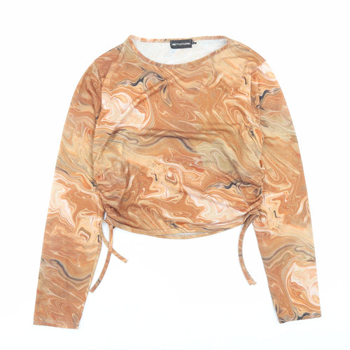 PRETTYLITTLETHING Womens Brown Geometric Polyester Cropped T-Shirt Size 14 Crew Neck - Ruched Sides