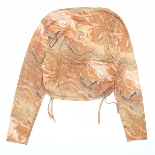 PRETTYLITTLETHING Womens Brown Geometric Polyester Cropped T-Shirt Size 14 Crew Neck - Ruched Sides