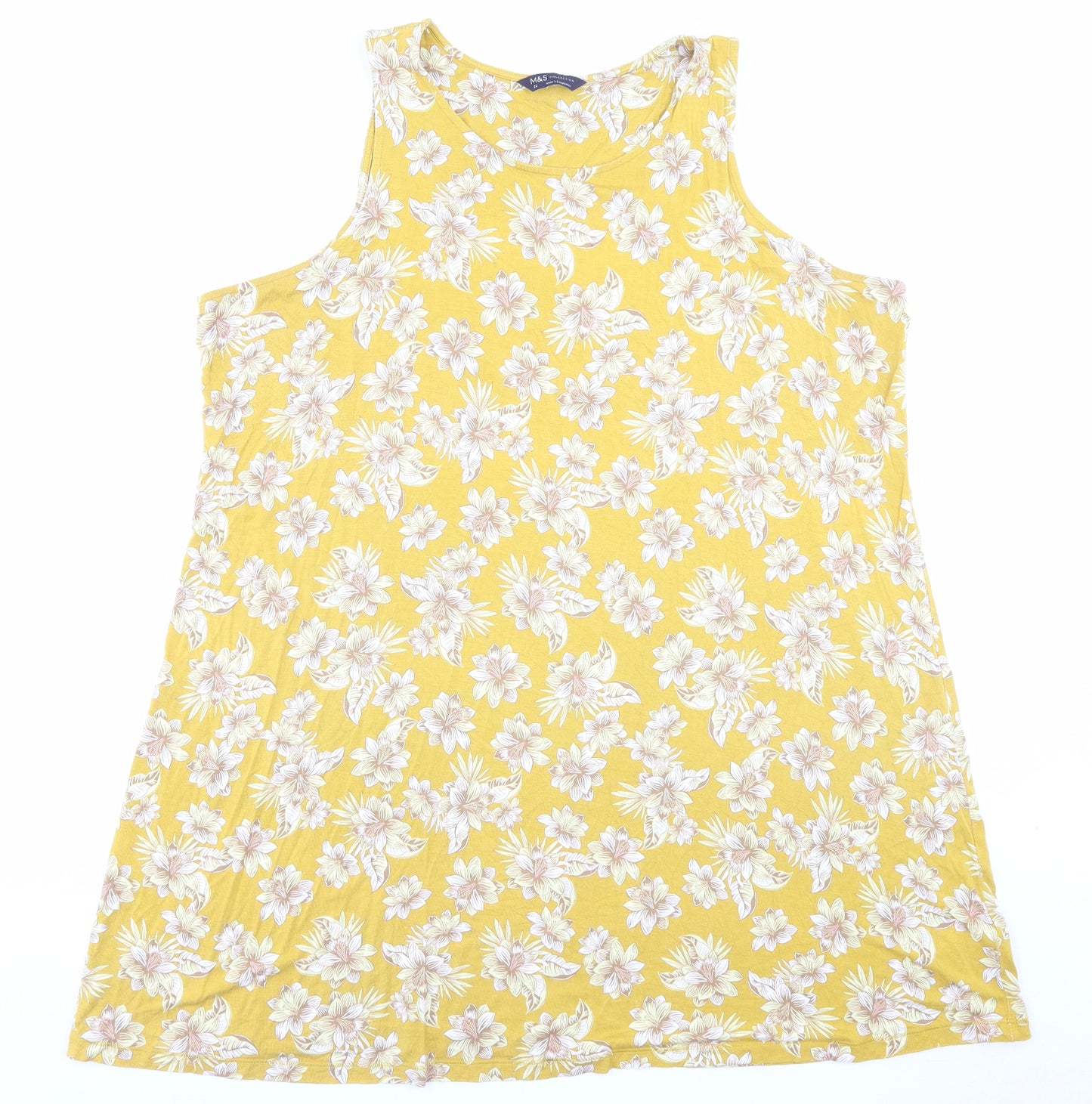 Marks and Spencer Womens Yellow Floral Viscose Tank Dress Size 22 Boat Neck Pullover