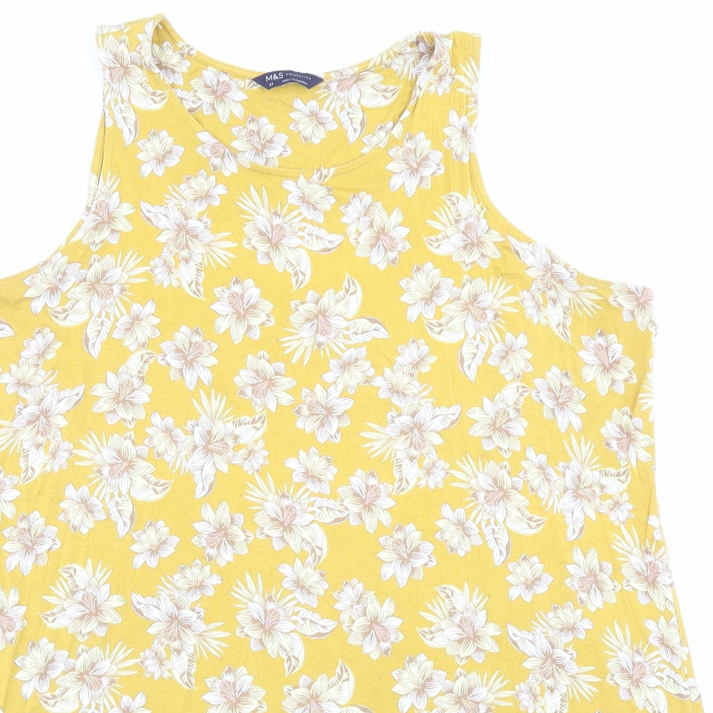 Marks and Spencer Womens Yellow Floral Viscose Tank Dress Size 22 Boat Neck Pullover