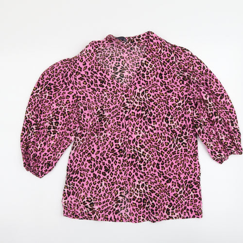 Marks and Spencer Womens Pink Animal Print Viscose Basic Button-Up Size 6 V-Neck - Leopard Skin Pattern