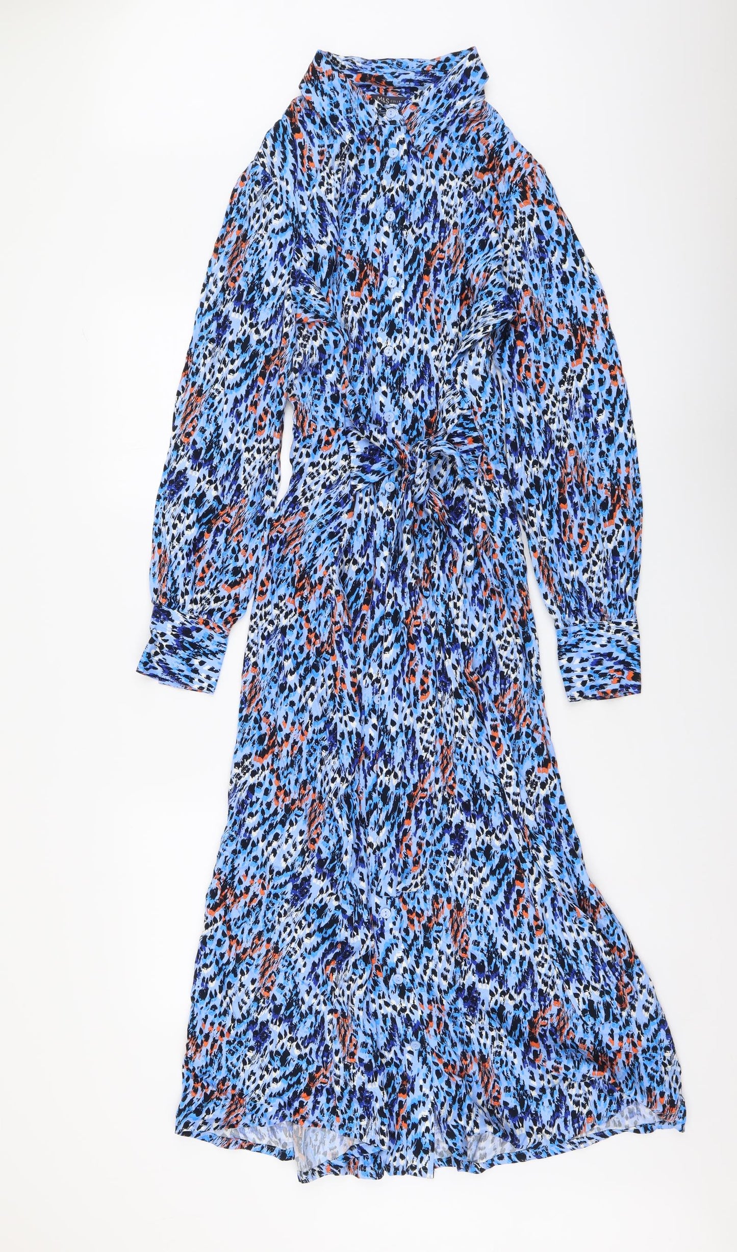 Marks and Spencer Womens Blue Animal Print Viscose Kaftan Size 8 Collared Button - Leopard pattern