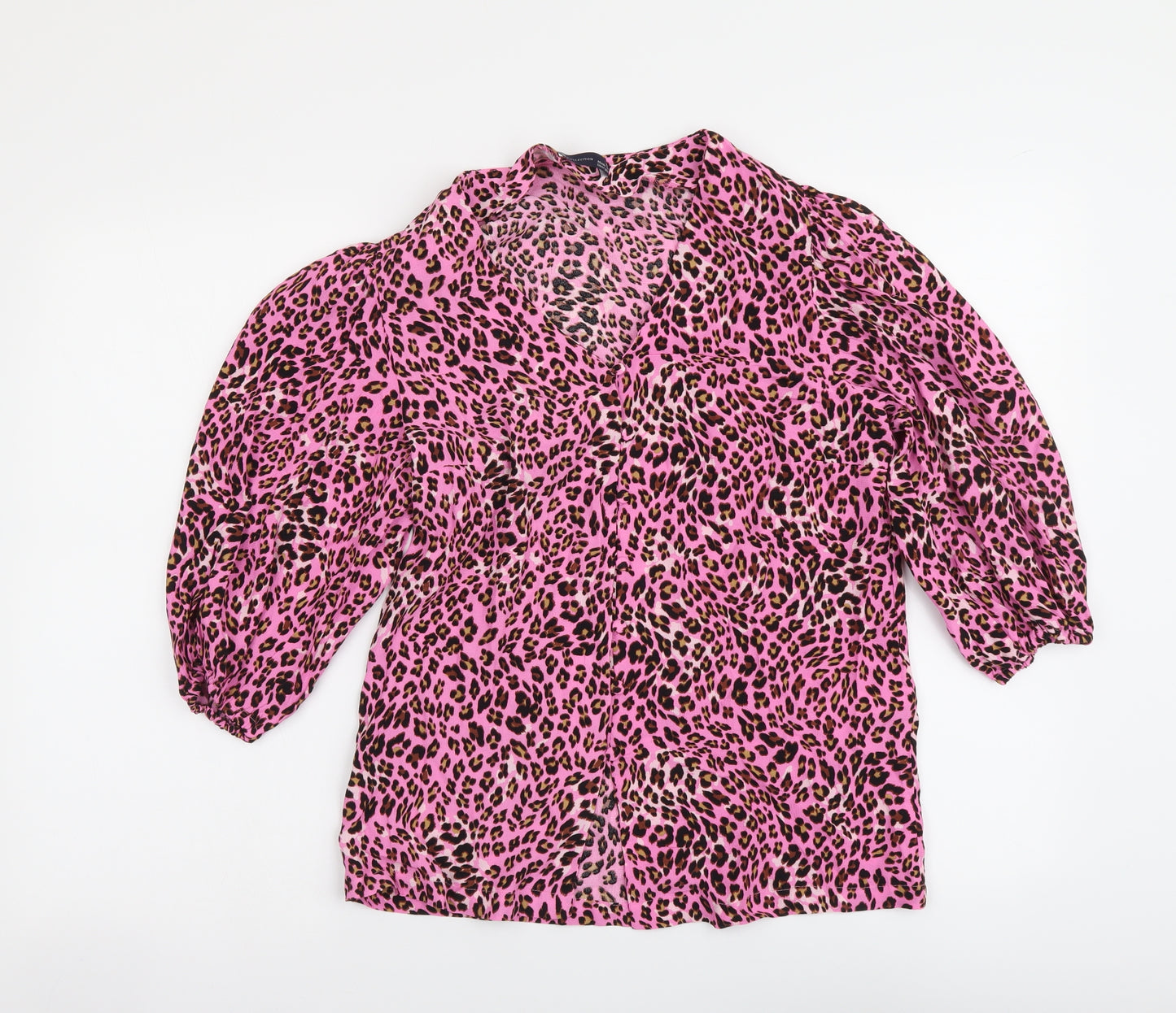 Marks and Spencer Womens Pink Animal Print Viscose Basic Button-Up Size 8 V-Neck - Leopard pattern