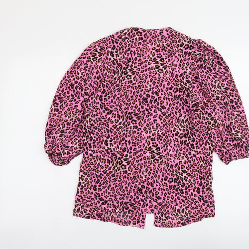 Marks and Spencer Womens Pink Animal Print Viscose Basic Button-Up Size 8 V-Neck - Leopard pattern