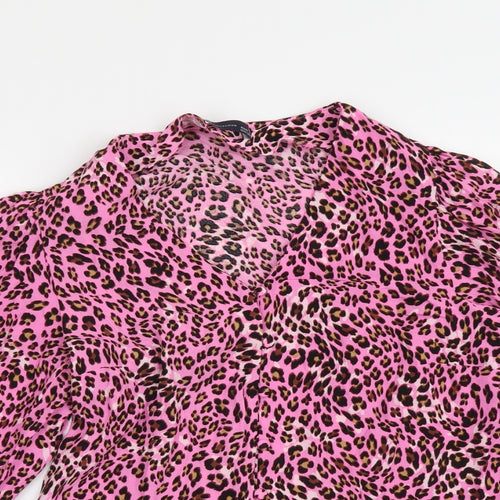 Marks and Spencer Womens Pink Animal Print Viscose Basic Button-Up Size 8 V-Neck - Leopard pattern