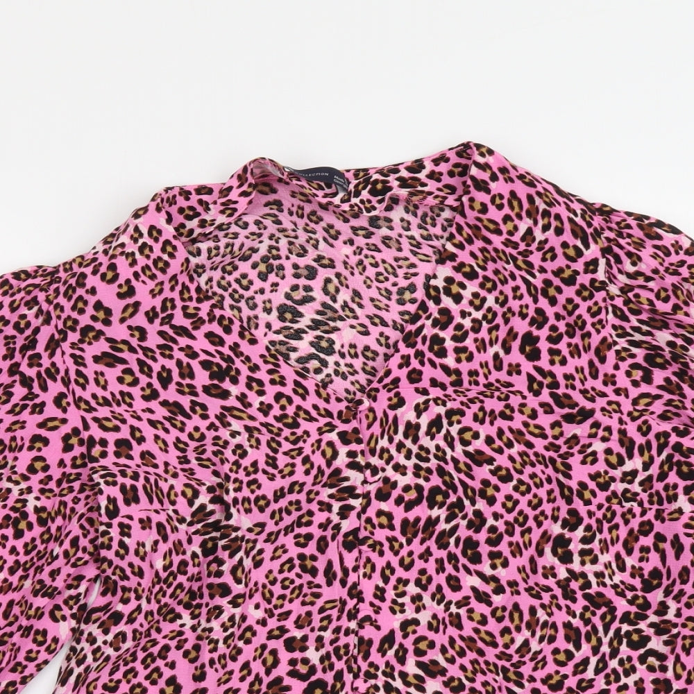 Marks and Spencer Womens Pink Animal Print Viscose Basic Button-Up Size 8 V-Neck - Leopard pattern