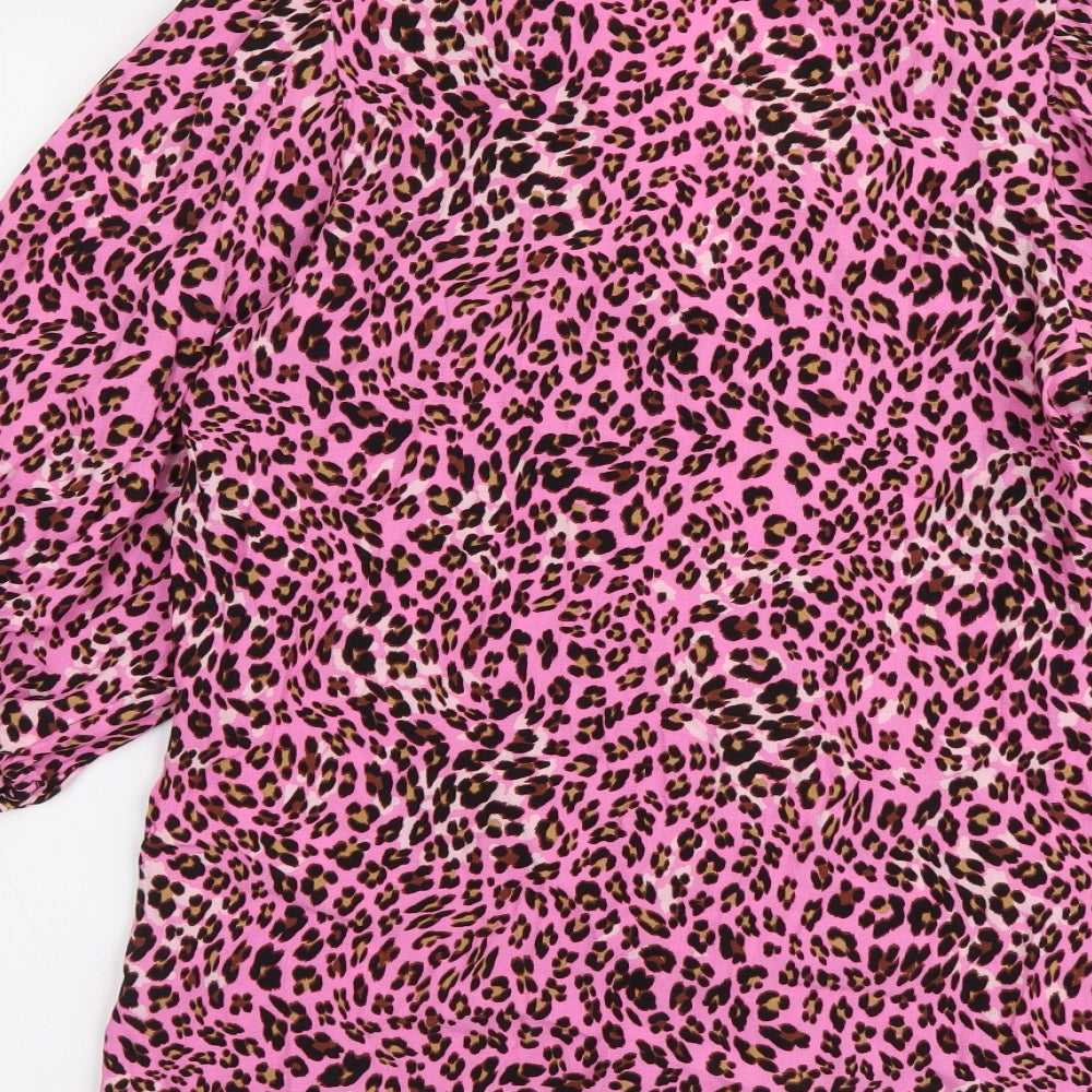 Marks and Spencer Womens Pink Animal Print Viscose Basic Button-Up Size 8 V-Neck - Leopard pattern