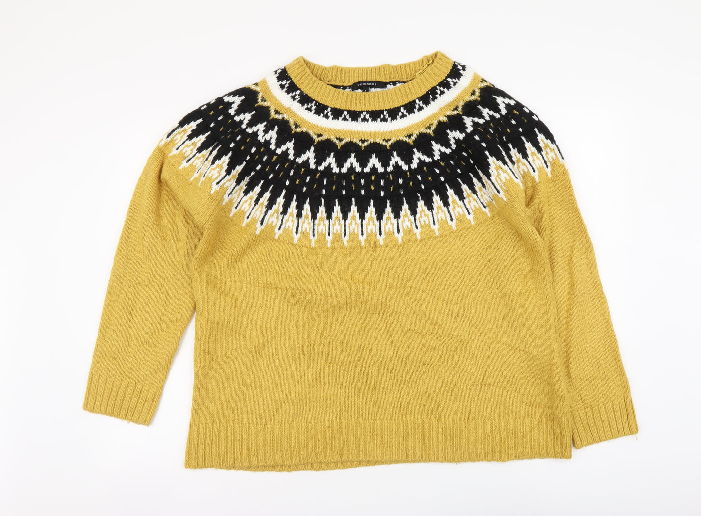 Peacocks Womens Yellow Round Neck Fair Isle Acrylic Pullover Jumper Size L