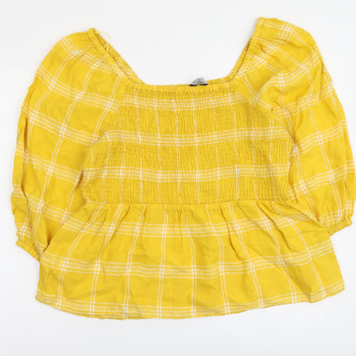 Marks and Spencer Womens Yellow Plaid Linen Basic Size 14 Square Neck