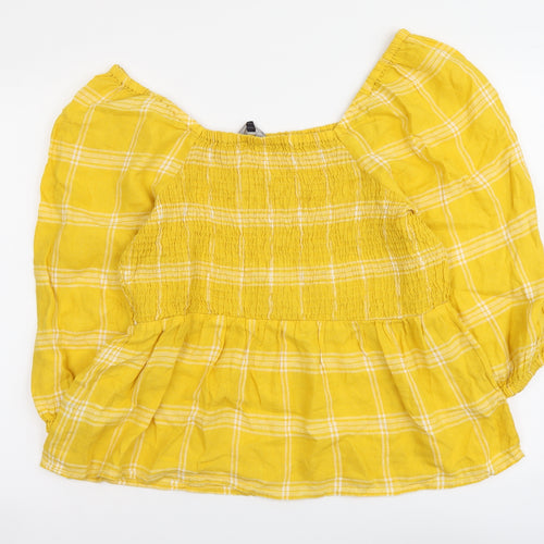 Marks and Spencer Womens Yellow Plaid Linen Basic Size 14 Square Neck