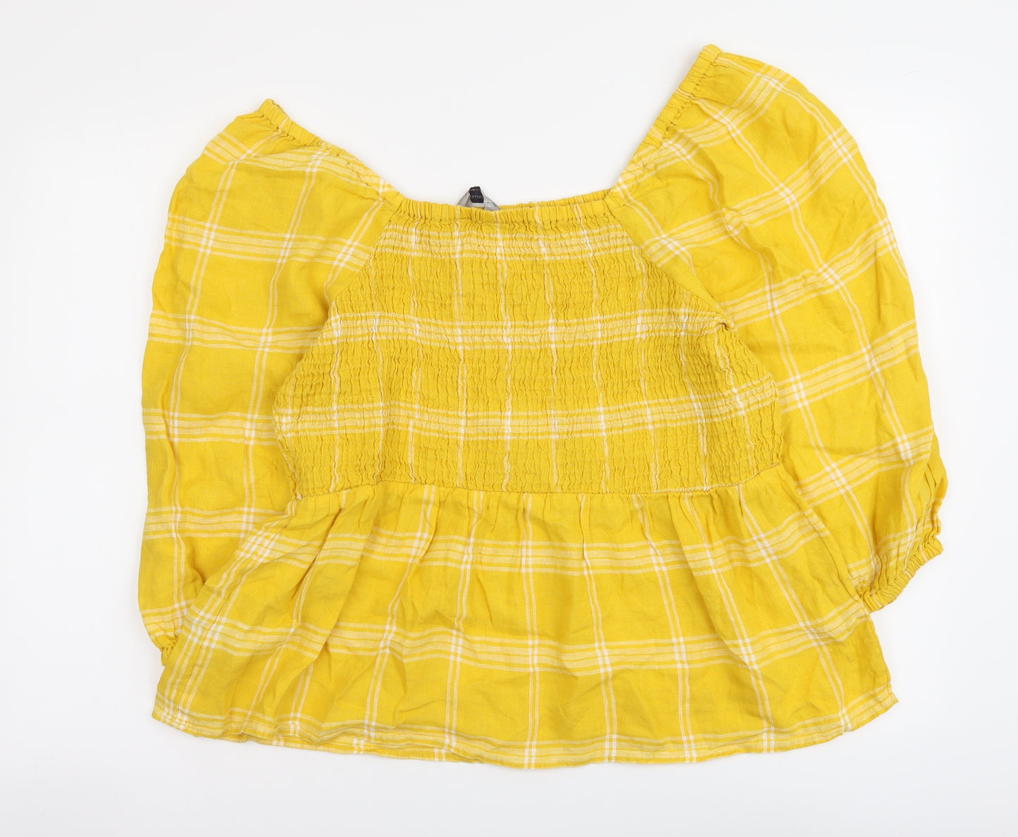Marks and Spencer Womens Yellow Plaid Linen Basic Size 14 Square Neck