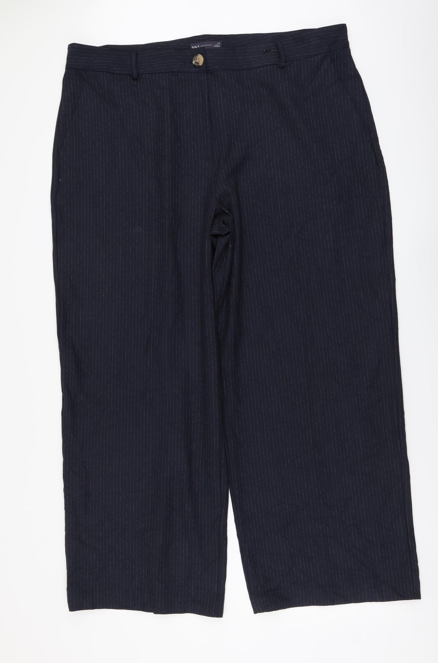 Marks and Spencer Womens Blue Striped Polyester Trousers Size 22 L30 in Regular Button
