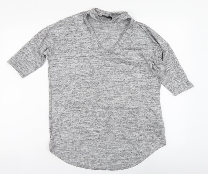 New Look Womens Grey Polyester Basic T-Shirt Size S V-Neck