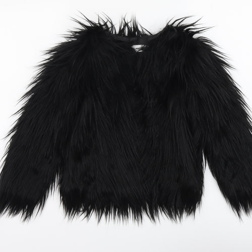 Preworn Girls Black Jacket Size 6-7 Years Button - Faux Fur