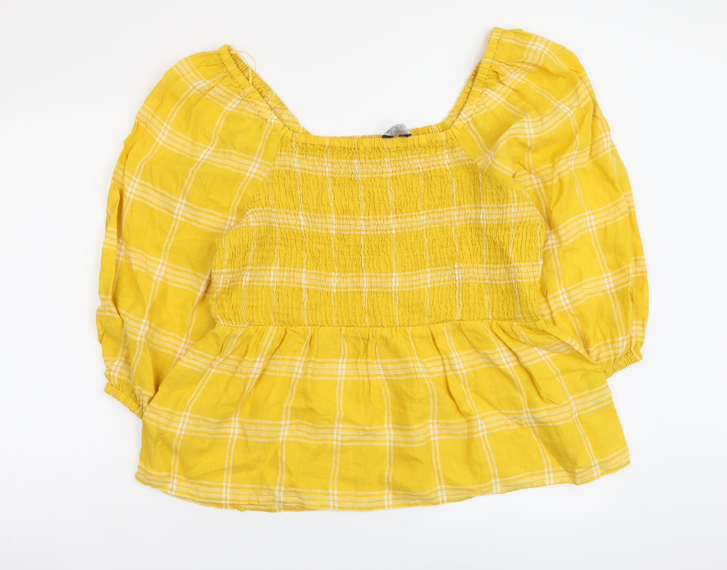 Marks and Spencer Womens Yellow Plaid Linen Basic Blouse Size 14 Square Neck
