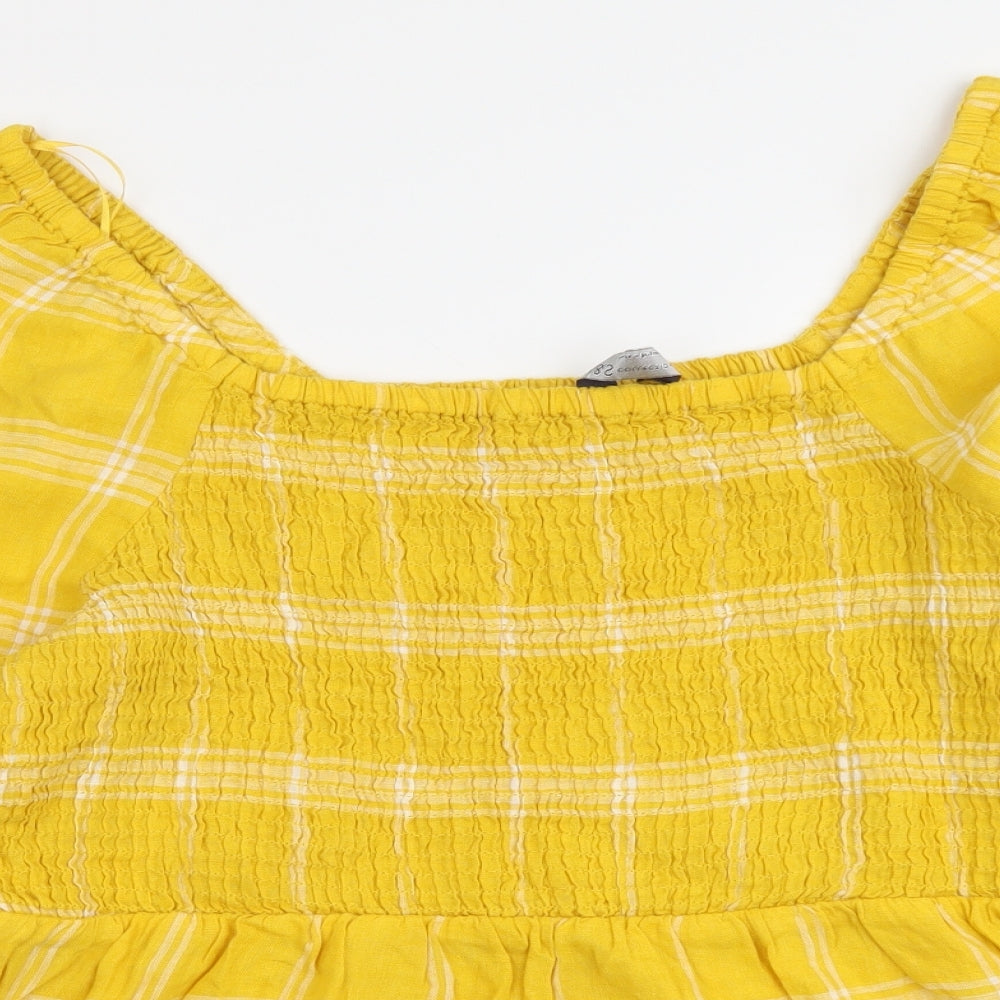 Marks and Spencer Womens Yellow Plaid Linen Basic Blouse Size 14 Square Neck