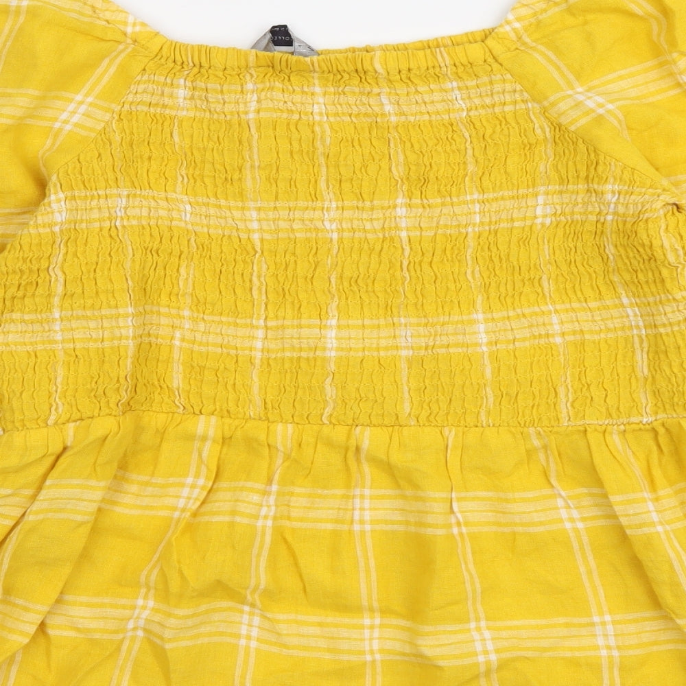 Marks and Spencer Womens Yellow Plaid Linen Basic Blouse Size 14 Square Neck