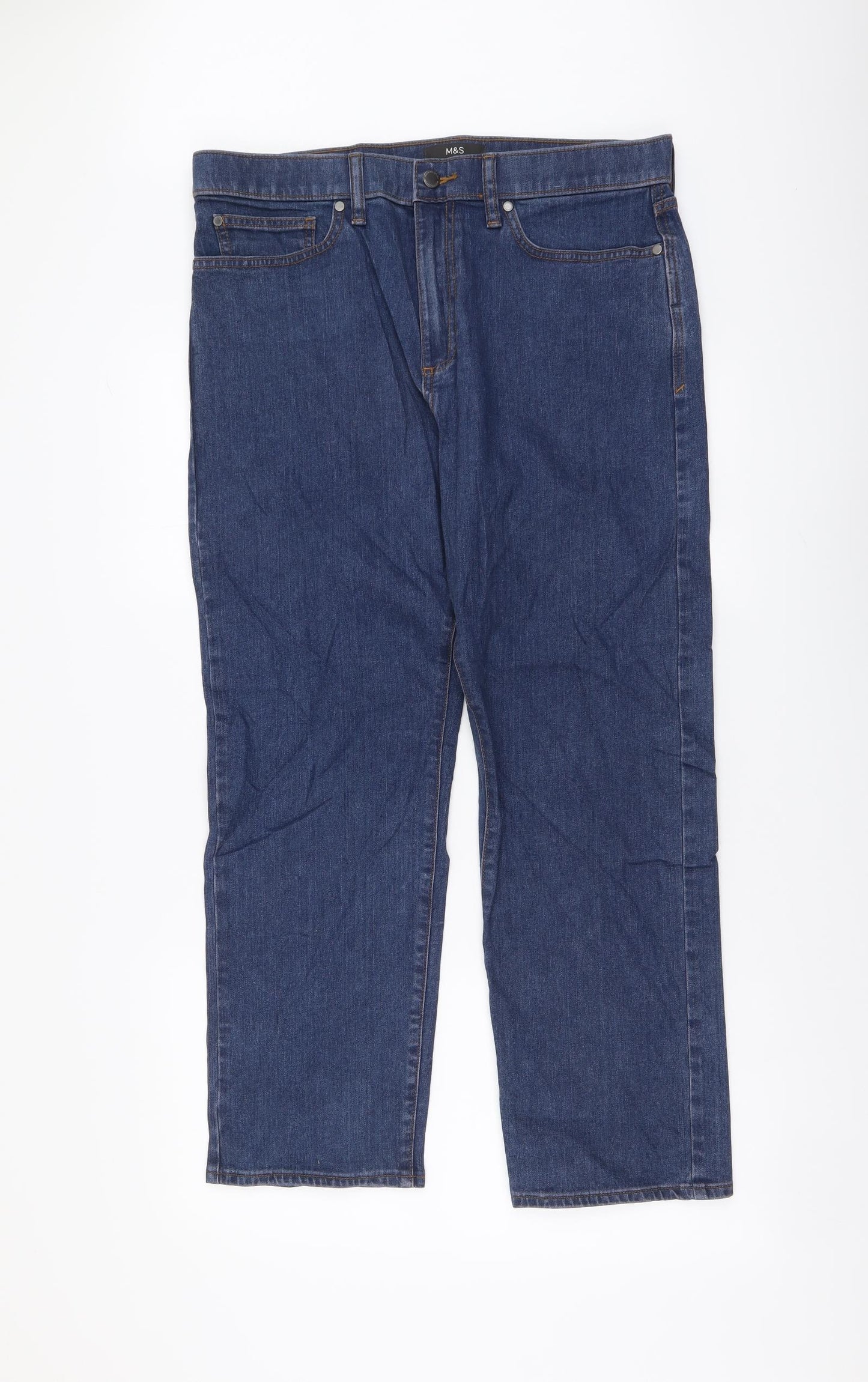 Marks and Spencer Mens Blue Cotton Straight Jeans Size 34 L29 in Regular Button