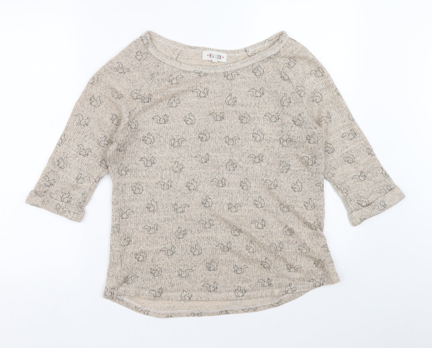 New Look Womens Brown Boat Neck Acrylic Henley Jumper Size 14 - Squirrel print