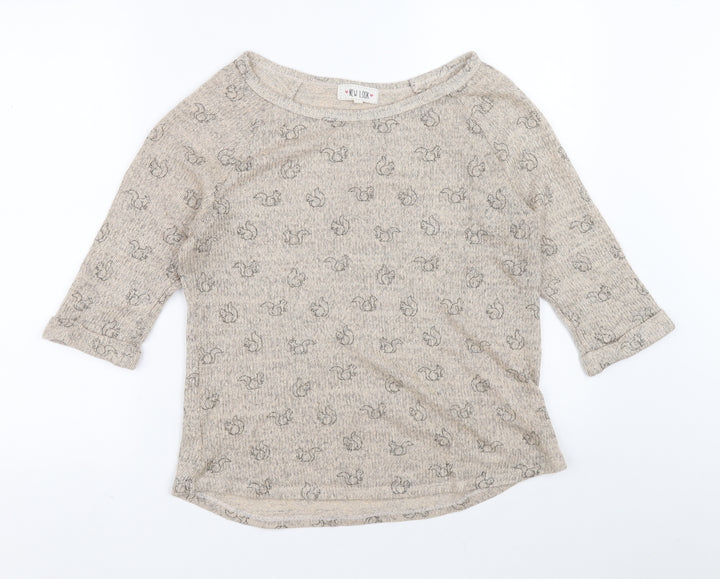 New Look Womens Brown Boat Neck Acrylic Henley Jumper Size 14 - Squirrel print