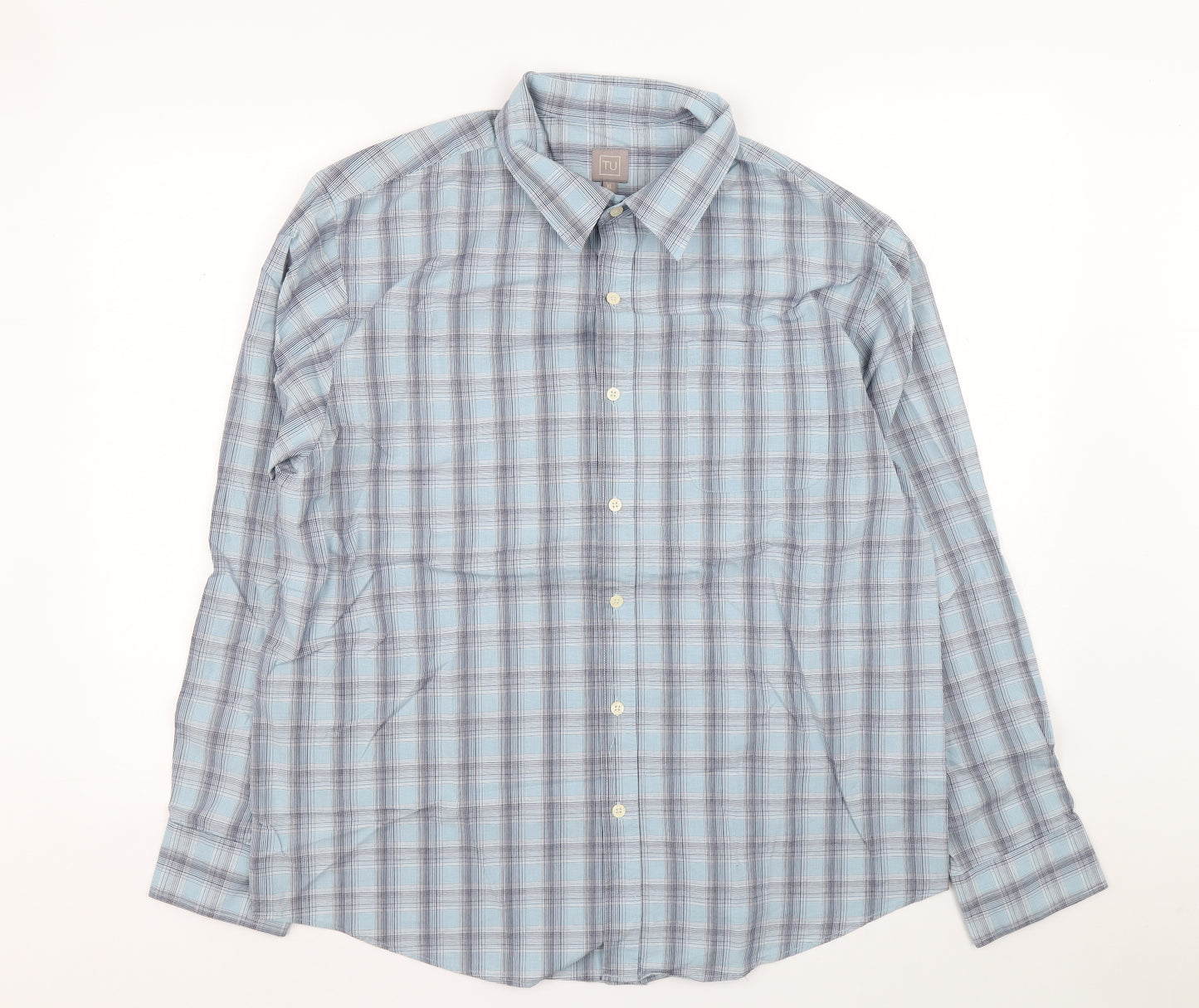 TU Mens Blue Plaid Cotton Button-Up Size XL Collared Button