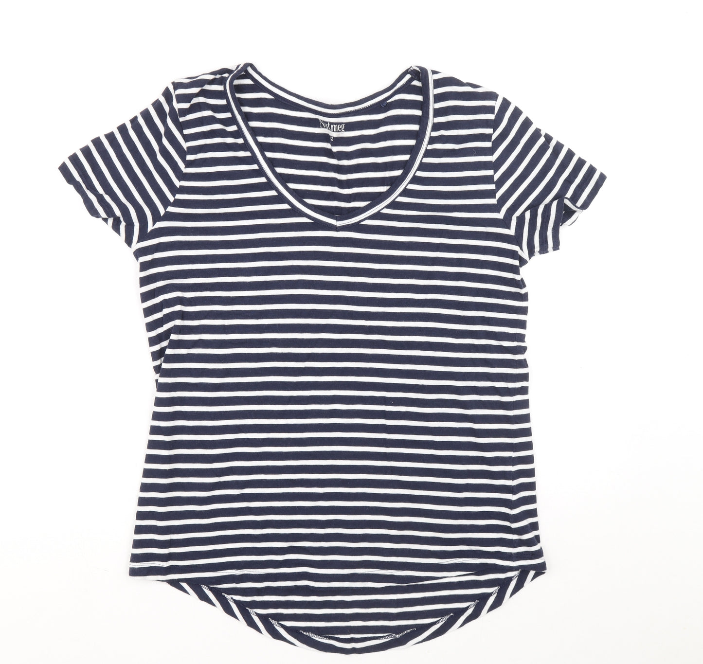 Nutmeg Womens Blue Striped Cotton Basic T-Shirt Size 12 Scoop Neck
