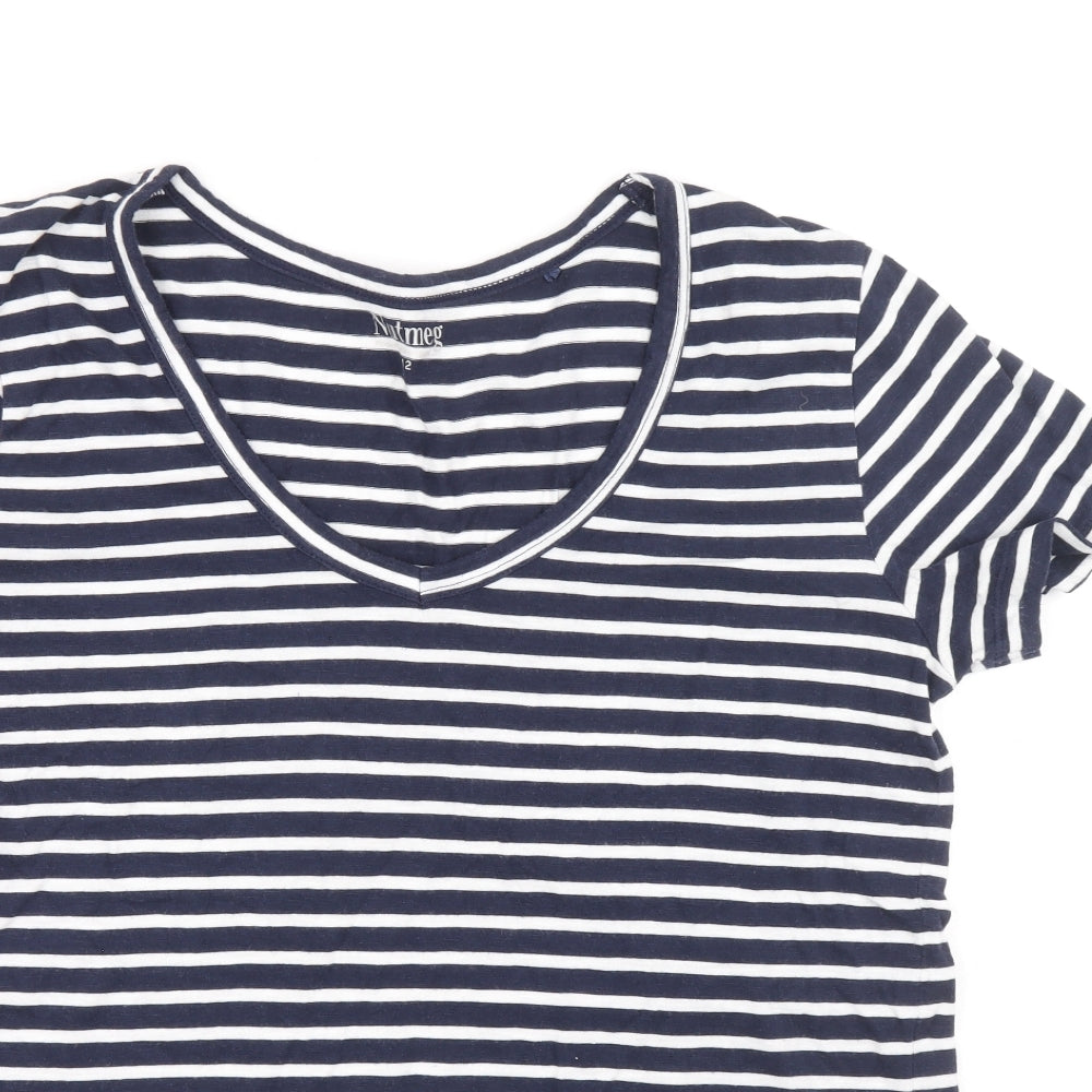Nutmeg Womens Blue Striped Cotton Basic T-Shirt Size 12 Scoop Neck
