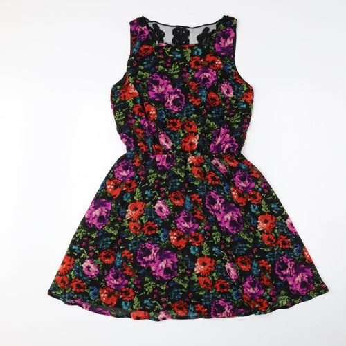 Fun & Flirt Womens Multicoloured Floral Polyester Fit & Flare Size M Boat Neck Pullover - Lace Detail