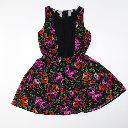 Fun & Flirt Womens Multicoloured Floral Polyester Fit & Flare Size M Boat Neck Pullover - Lace Detail