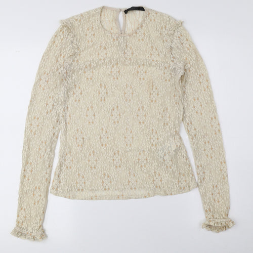 Trafaluc Womens Beige Floral Polyamide Basic Blouse Size S Round Neck