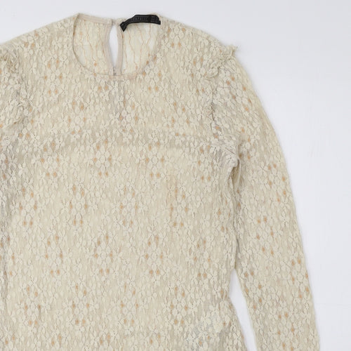 Trafaluc Womens Beige Floral Polyamide Basic Blouse Size S Round Neck