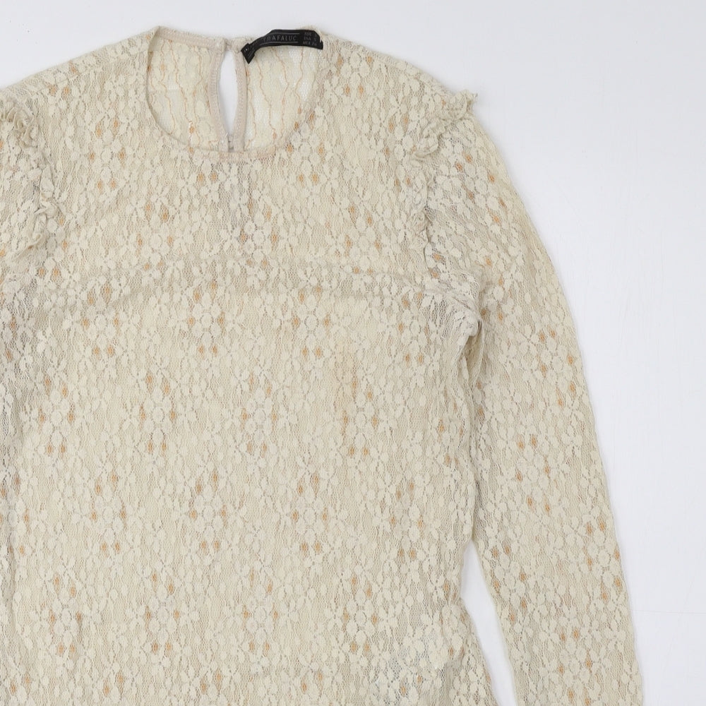 Trafaluc Womens Beige Floral Polyamide Basic Blouse Size S Round Neck