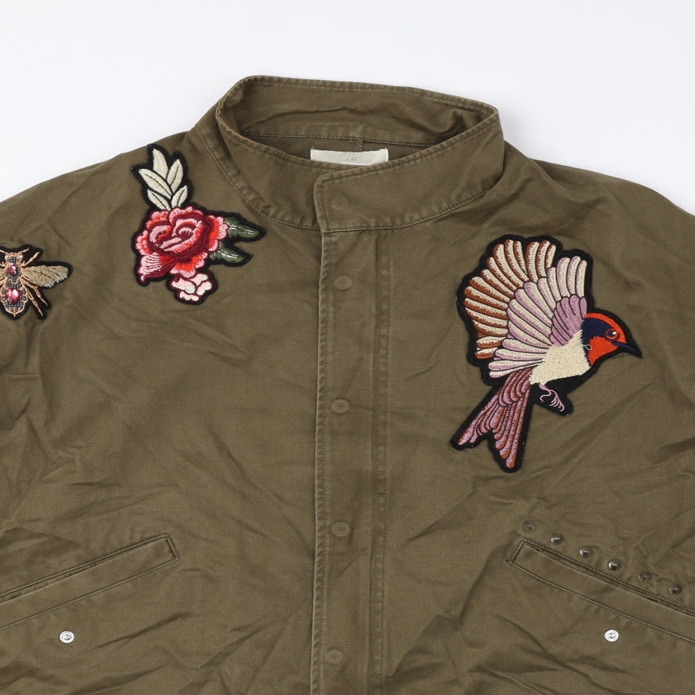 H&M Womens Green Jacket Size M Snap - Bird Fowers