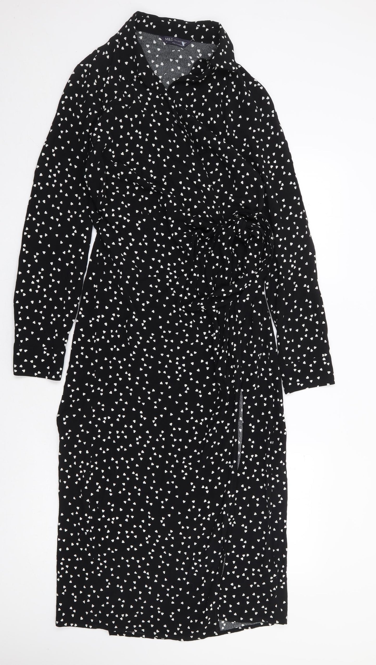 Marks and Spencer Womens Black Geometric Viscose Wrap Dress Size 10 V-Neck Tie - Love Heart Print