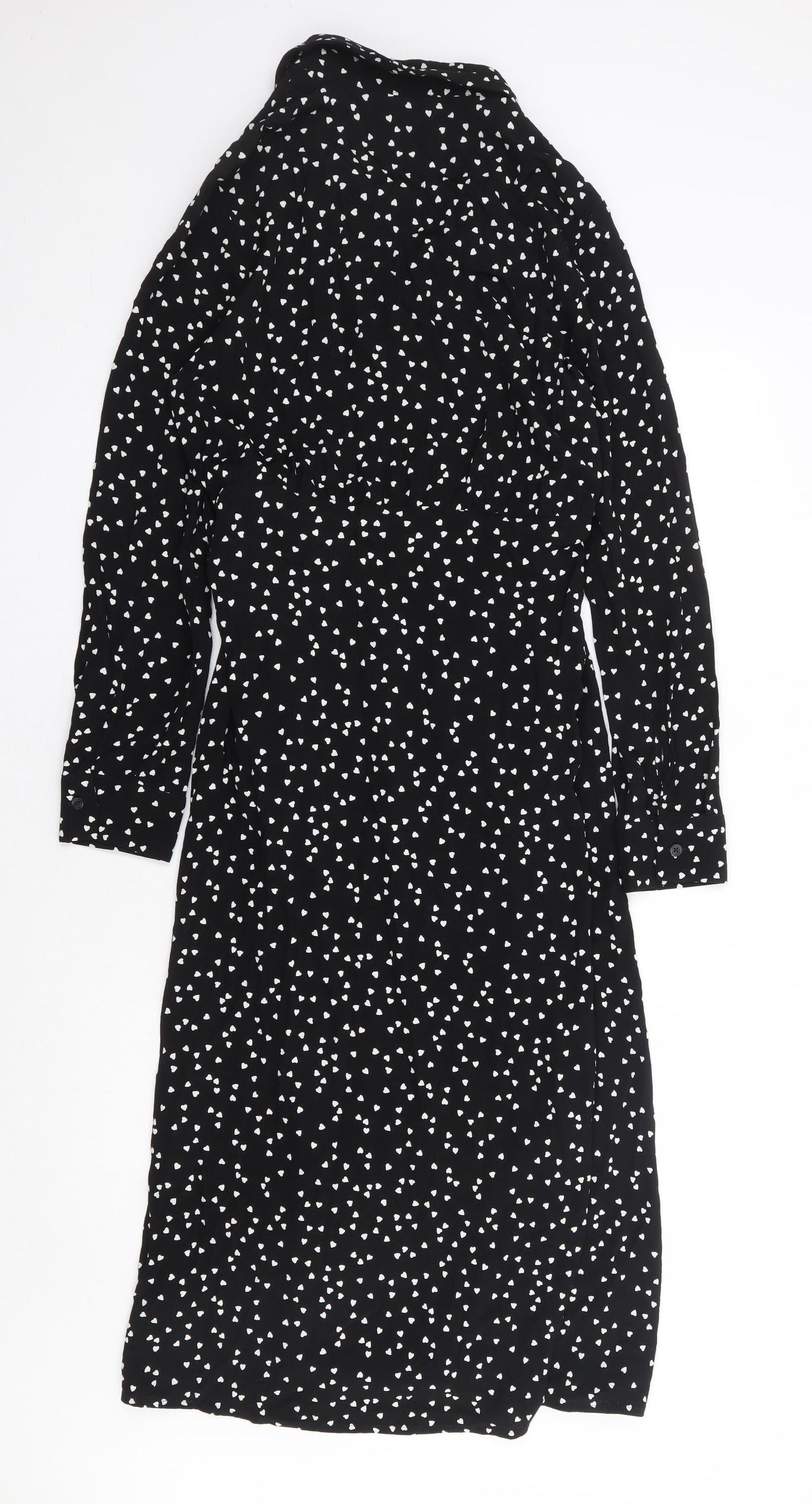 Marks and Spencer Womens Black Geometric Viscose Wrap Dress Size 10 V-Neck Tie - Love Heart Print