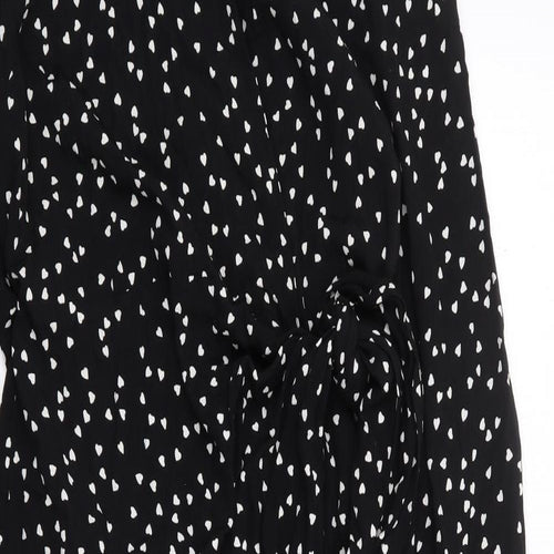 Marks and Spencer Womens Black Geometric Viscose Wrap Dress Size 10 V-Neck Tie - Love Heart Print
