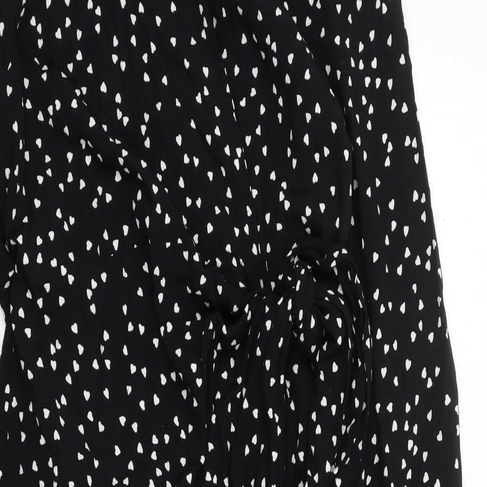 Marks and Spencer Womens Black Geometric Viscose Wrap Dress Size 10 V-Neck Tie - Love Heart Print