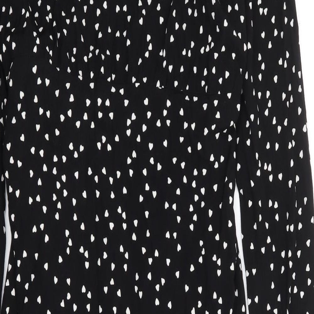 Marks and Spencer Womens Black Geometric Viscose Wrap Dress Size 10 V-Neck Tie - Love Heart Print