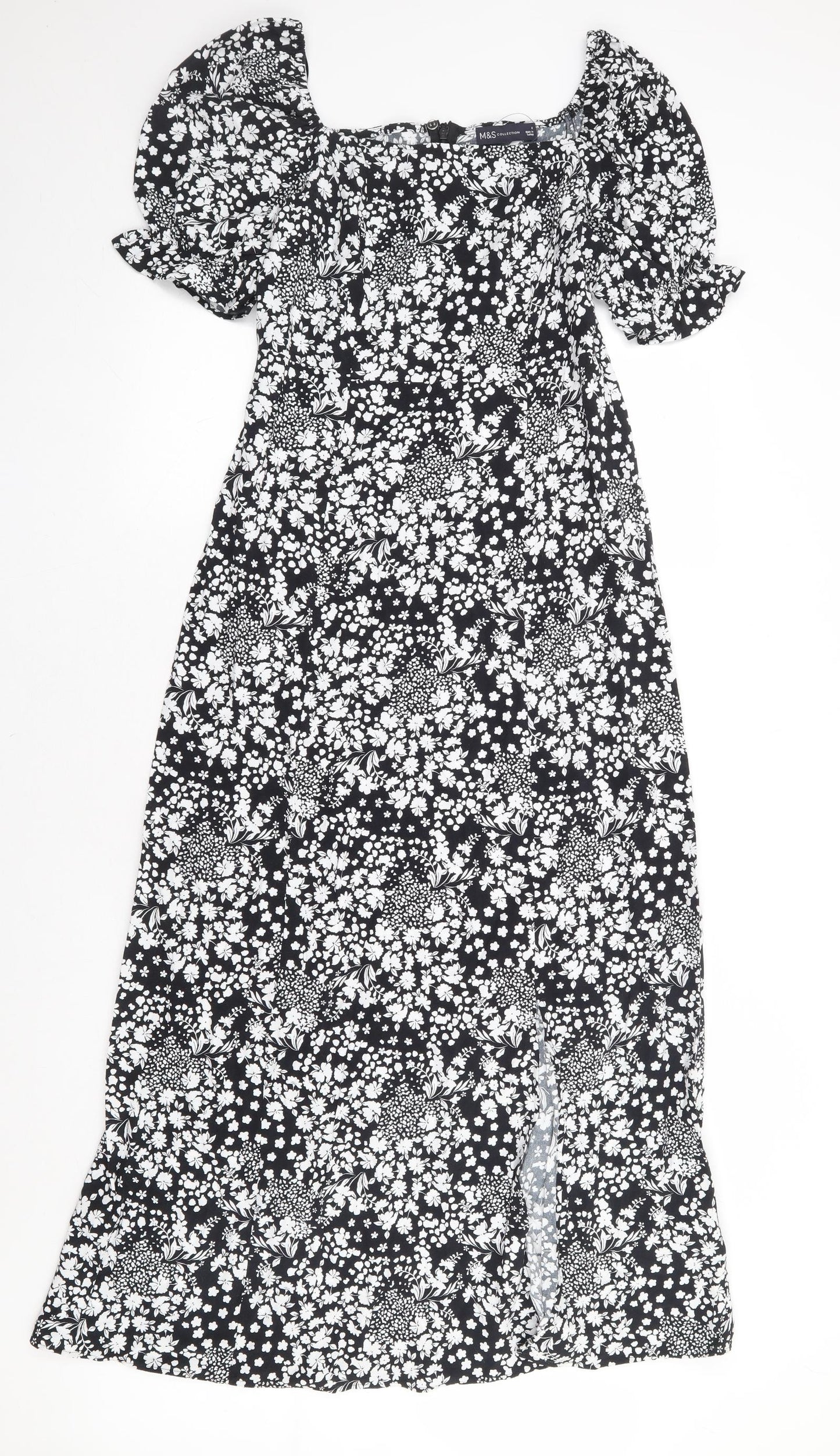 Marks and Spencer Womens Black Floral Viscose A-Line Size 8 Square Neck Zip - Long Length