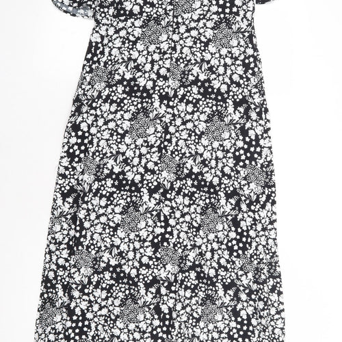 Marks and Spencer Womens Black Floral Viscose A-Line Size 8 Square Neck Zip - Long Length